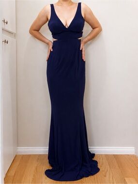 Faviana Navy Cutout V-Neck Evening Gown